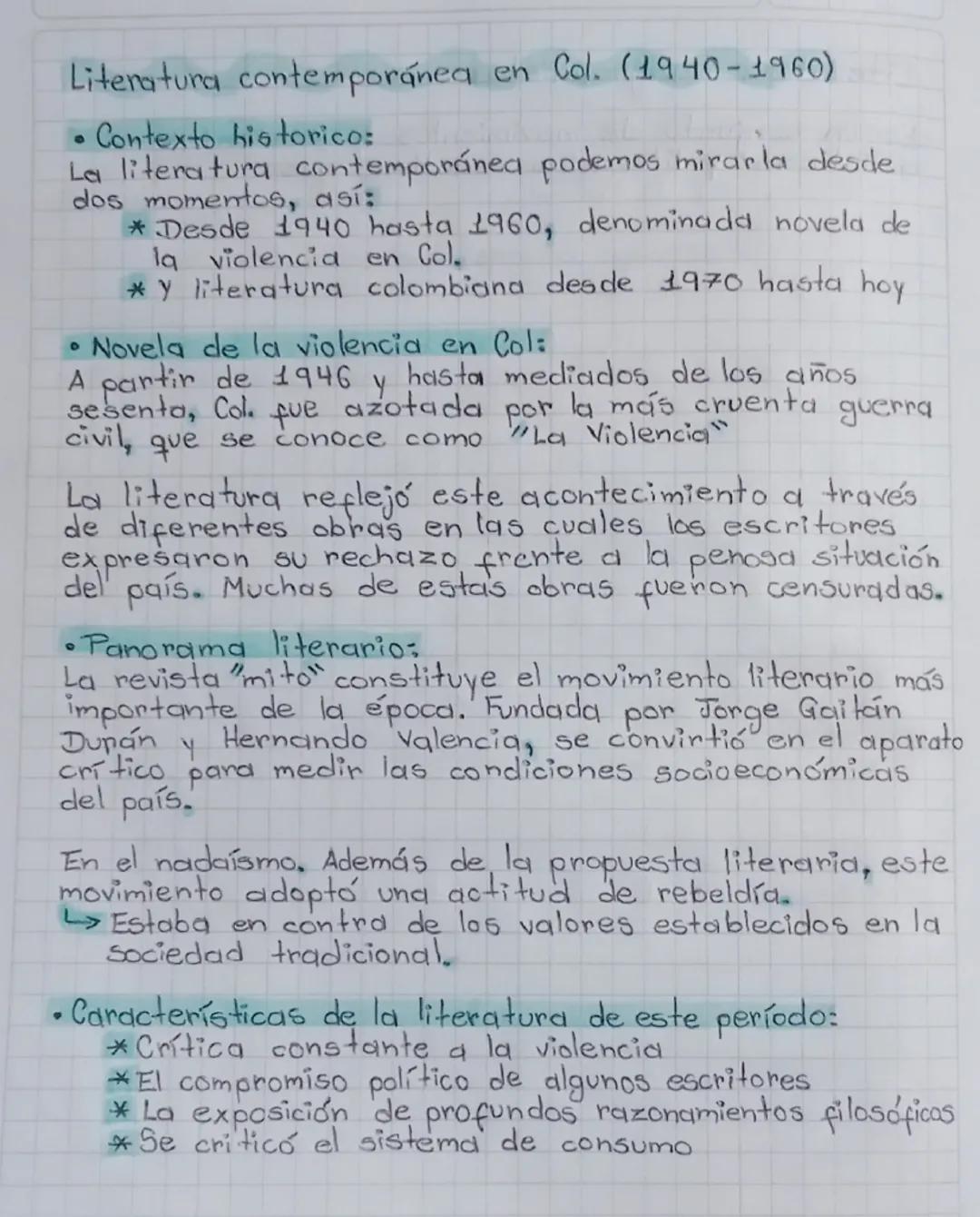 ->
Literatura contemporánea en Col. (1940-1960)
•Contexto historico:
La literatura contemporánea podemos mirarla desde
dos momentos, así:
0
