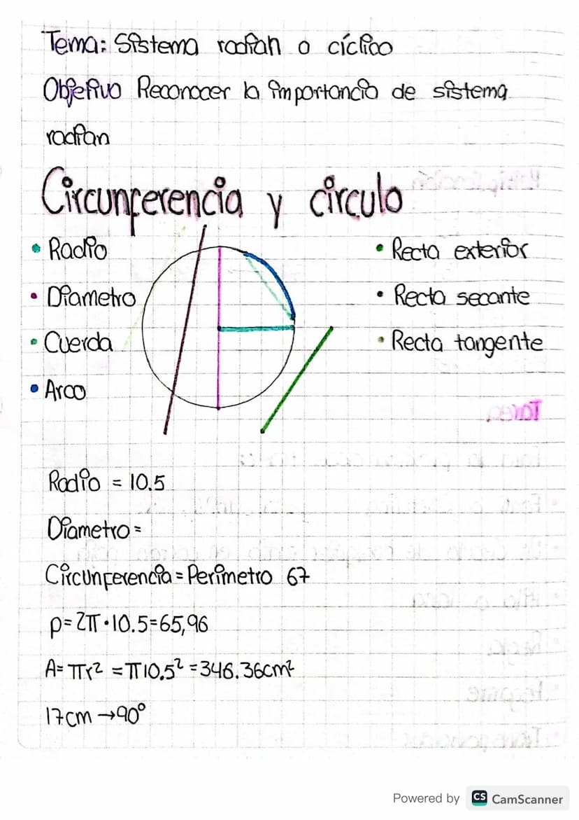 Tema: Sistema radian o cíclico
Objetivo Reconocer la importancia de sistema
radian
Circunferencia y circulo
•Radio
•
B
Diametro
Cuerda
e
• R
