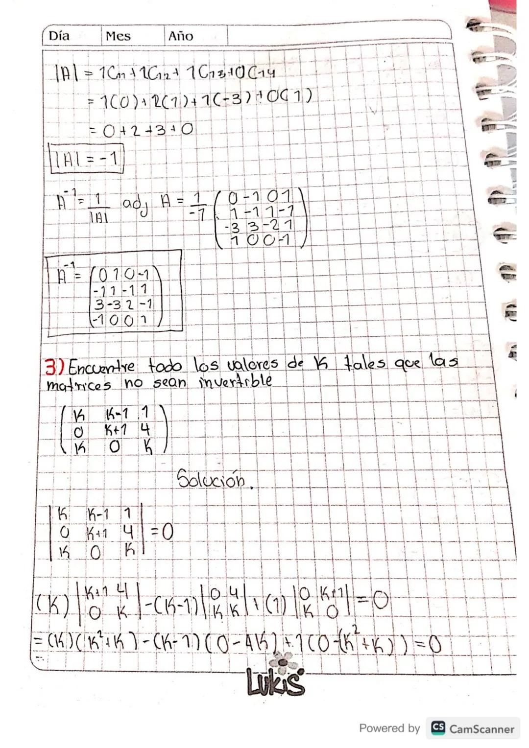 Día Mes
Año

.JA1=16+ 2Cr2+ 313+4C14
= 1(0)+2(168)13(-48)+4(-24)

101=96

A^-1= 1/1 adj(A)=1/96 (0 0 8 8
168 12 76 164
-48 24 32 -64
-24 12 
