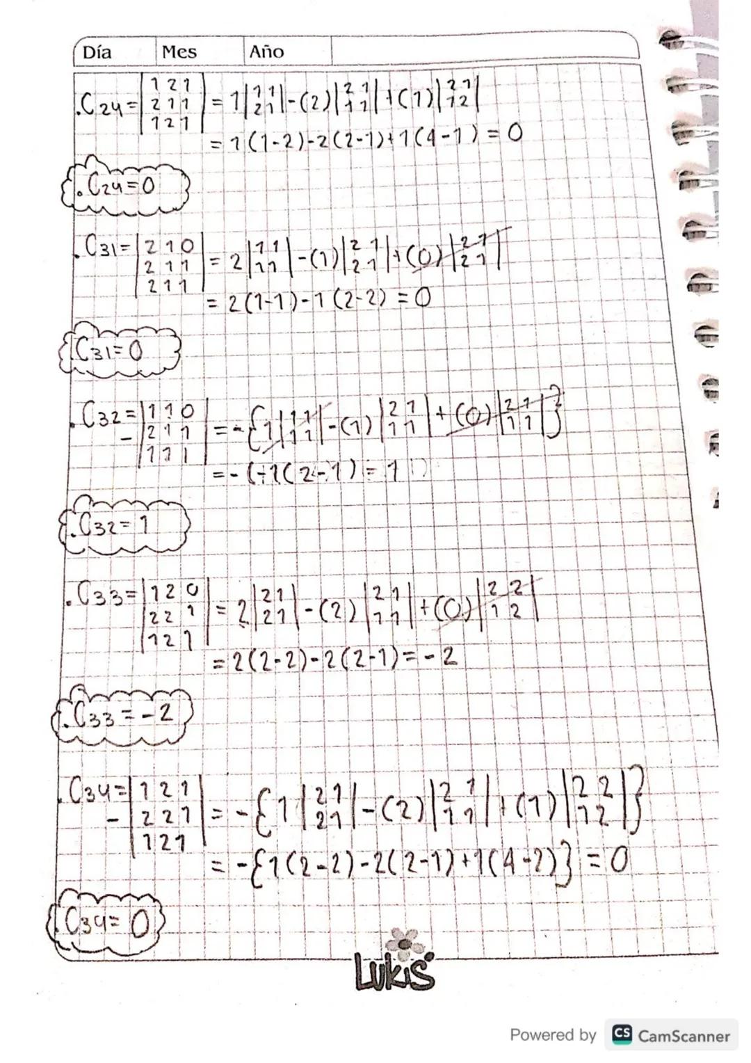 Día Mes
Año

.JA1=16+ 2Cr2+ 313+4C14
= 1(0)+2(168)13(-48)+4(-24)

101=96

A^-1= 1/1 adj(A)=1/96 (0 0 8 8
168 12 76 164
-48 24 32 -64
-24 12 