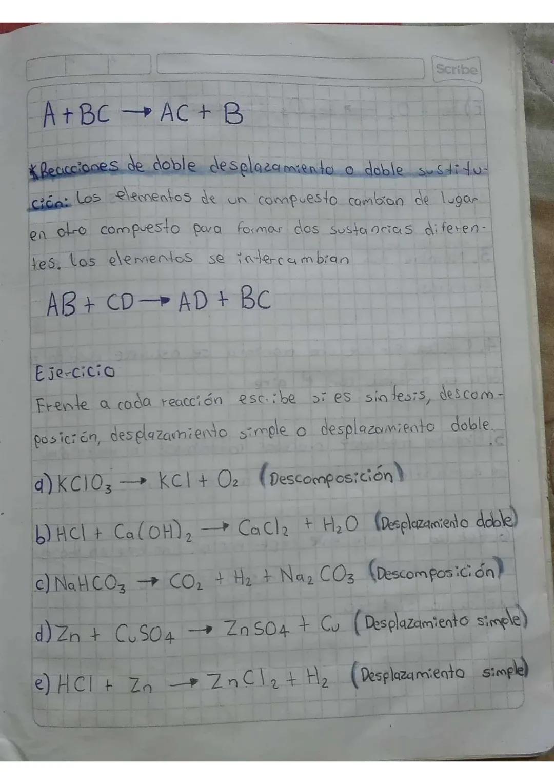 Scribe
1409
22
REACCIONES QUÍMICAS
Una reacción química se representa mediante ecua
ciones químicas.
Se forma o se produce (Reacción Irrever