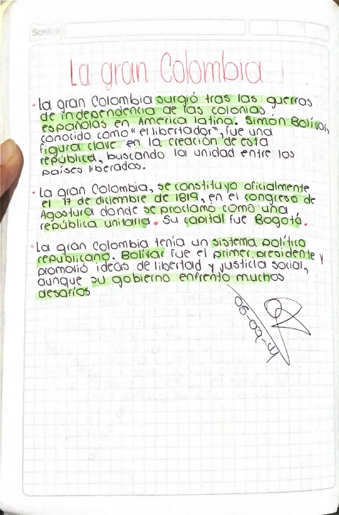 Scribe
La gran Colombia
-la gran Colombia surgió tras las guerras
de in dependencia de las colonias
españolas en emiforstaina. Simón Bolívar