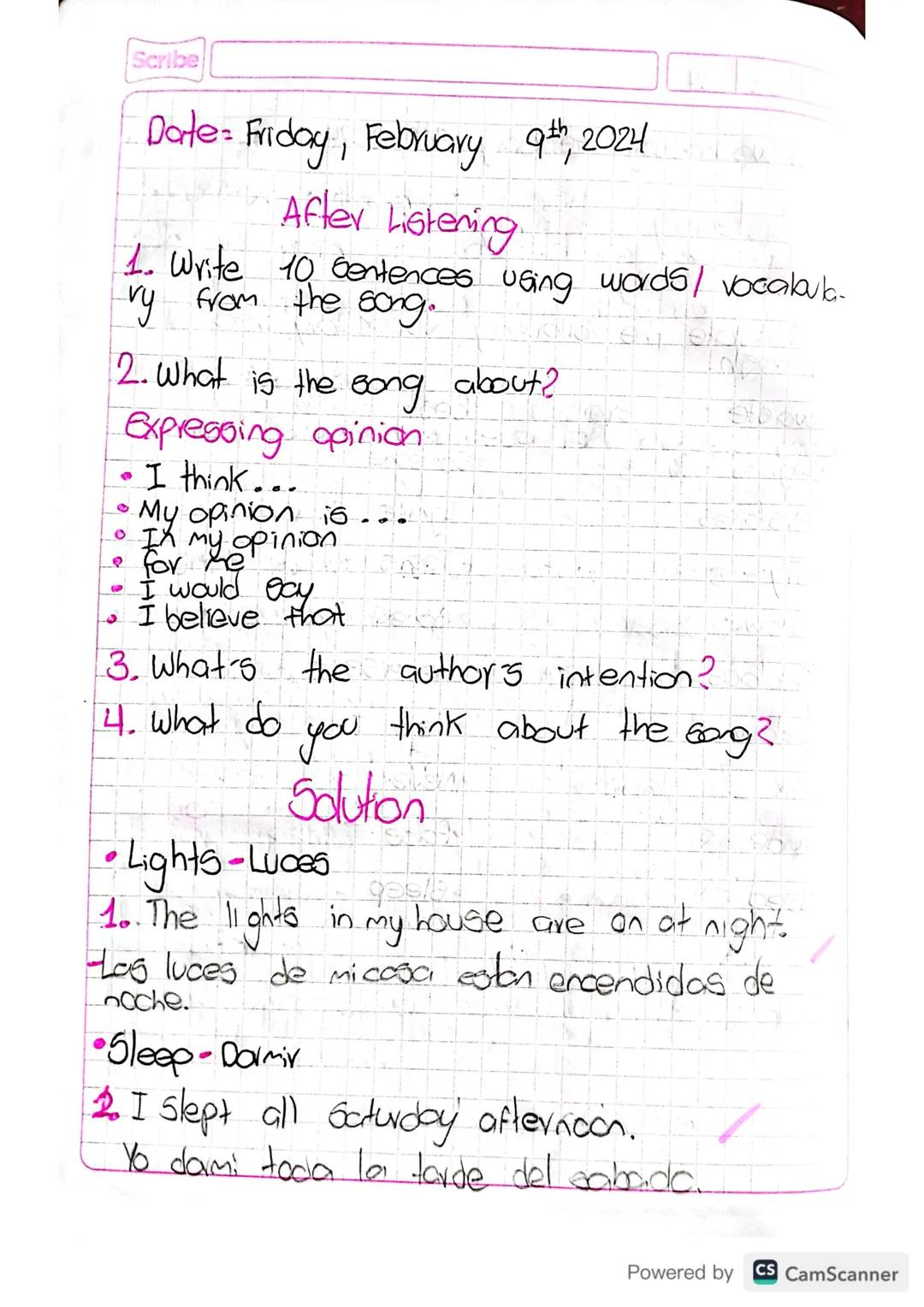 07 02 24

Date: Wednesday February 7th, 2024

Listening Activity
I Pre-lintening
1. Translate the following vocabulary into
opanigh.
*   was