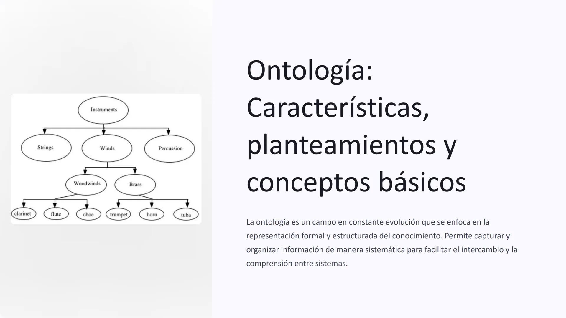 Instruments
Strings
Winds
Percussion
Woodwinds
Brass
clarinet
flute
oboe
trumpet
horn
tuba
Ontología:
Características,
planteamientos y
conc