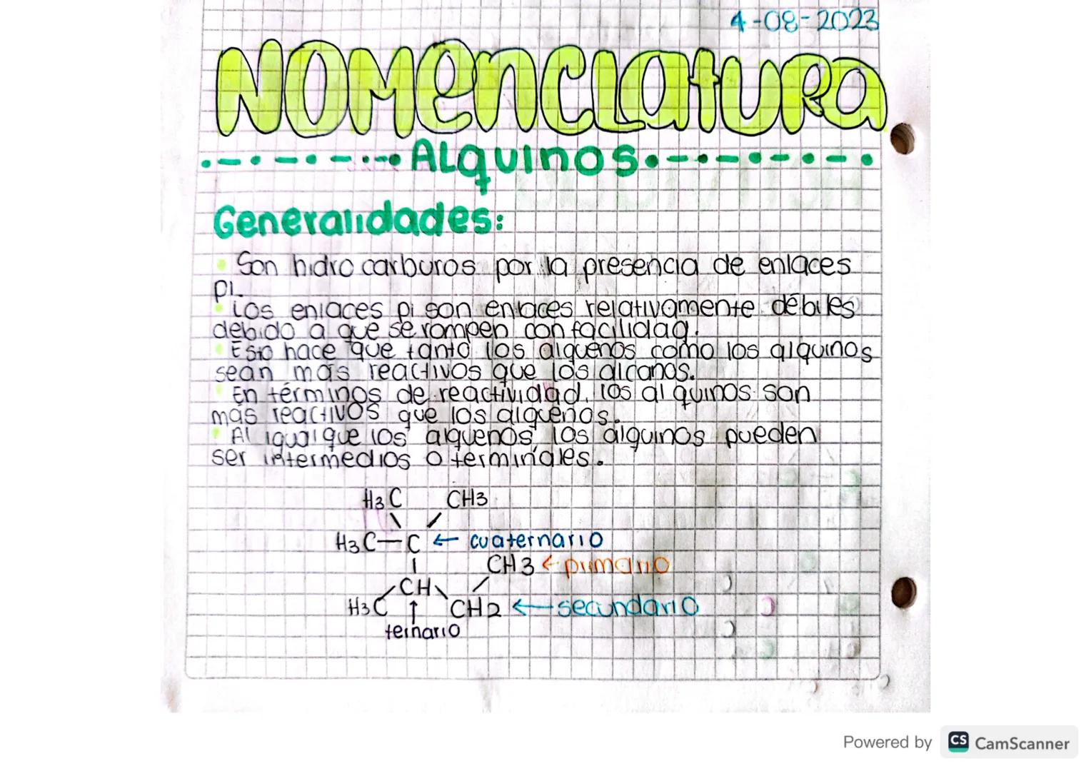 4-08-2023

# NOMENCLATURA

## Alquinos

### Generalidades:

*   Son hidro carburos por la presencia de enlaces ρι
*   Ios enlaces pi son enl