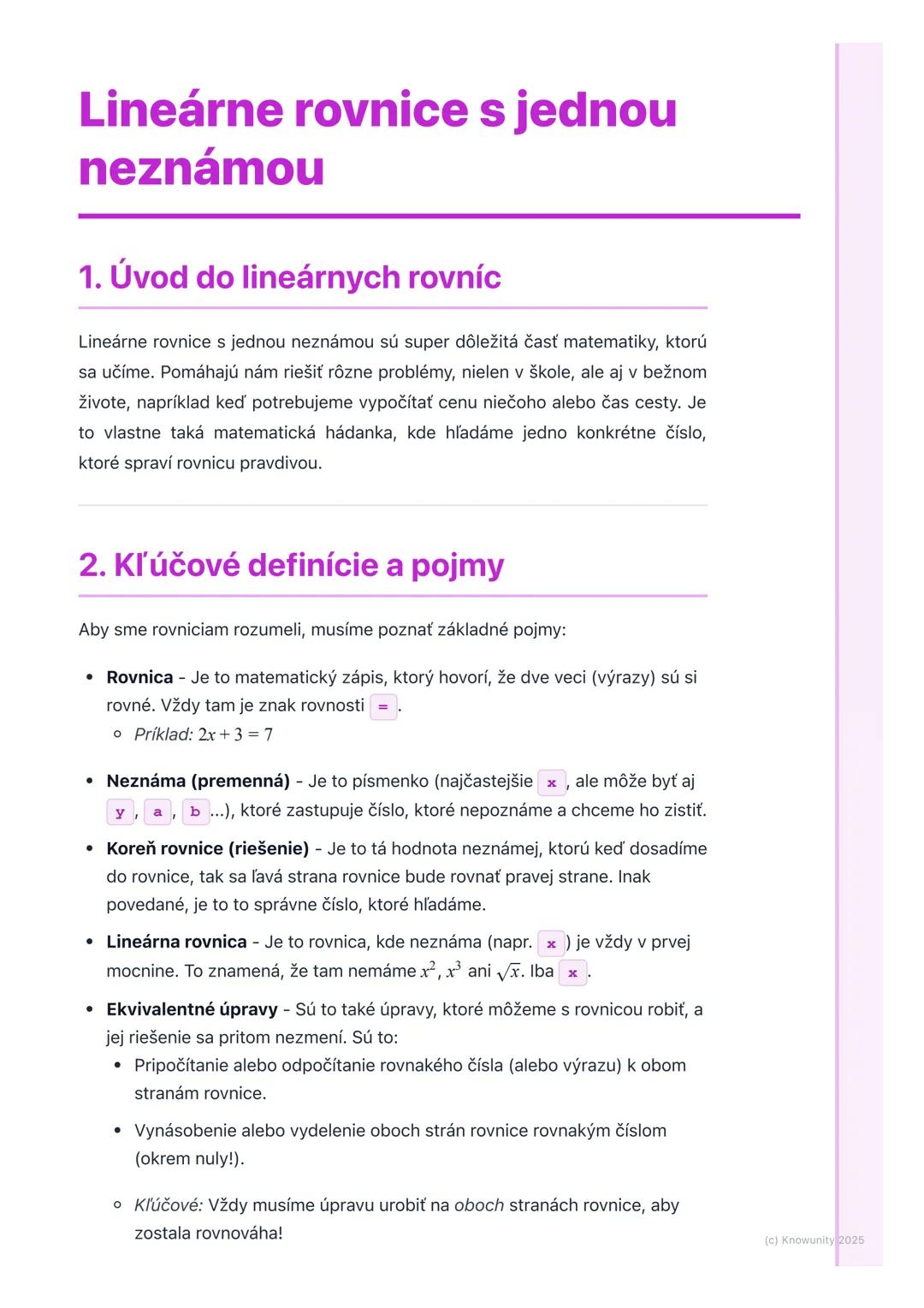 # Lineárne rovnice s jednou
neznámou

1. Úvod do lineárnych rovníc

Lineárne rovnice s jednou neznámou sú super dôležitá časť matematiky, kt