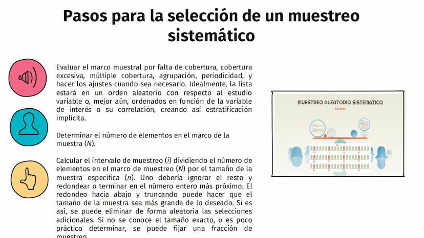 ¿Qué es muestreo Sistemático?
El muestreo sistemático es un tipo
de muestreo probabilístico donde se hace
una selección aleatoria del primer