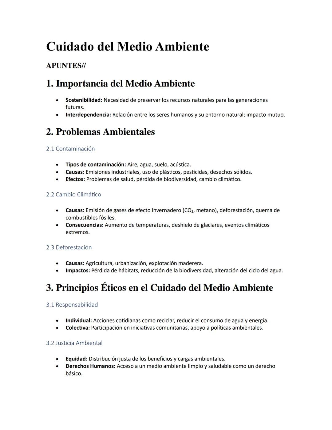 # Cuidado del Medio Ambiente

APUNTES//

1. Importancia del Medio Ambiente

- Sostenibilidad: Necesidad de preservar los recursos naturales 