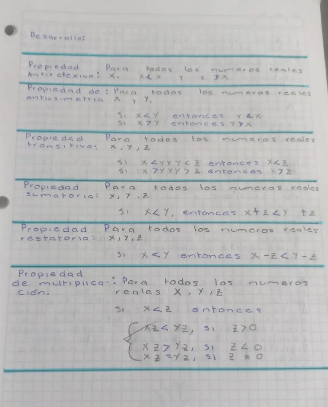 Desarrollo:

Propiedad
Antiretexiva! X,
Para todos los numeros reales
x4x Y xナメ

Propiedad de: Para todos los numeros reales
antiasimetria X