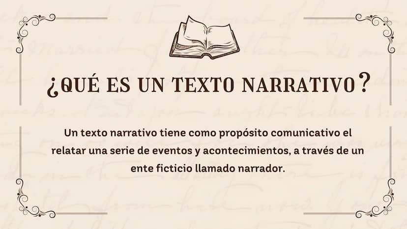 ¿QUÉ ES UN TEXTO NARRATIVO?
Un texto narrativo tiene como propósito comunicativo el
relatar una serie de eventos y acontecimientos, a través