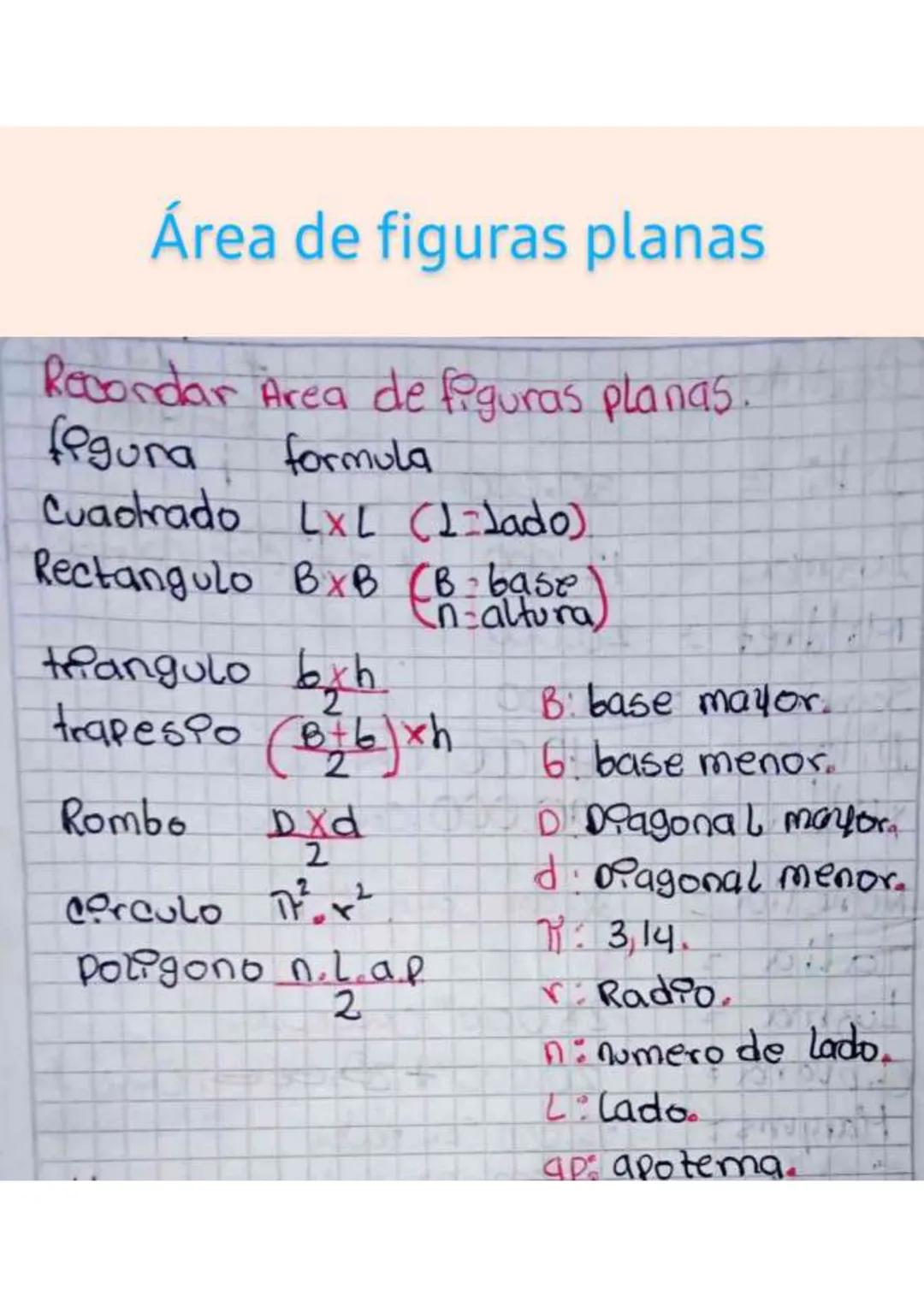 # Área de figuras planas

Recordar Area de figuras planas.
fegura formula
Cuadrado LXL (1=lado).
Rectangulo BXB (B-bao)
(n=altura
triangulo 