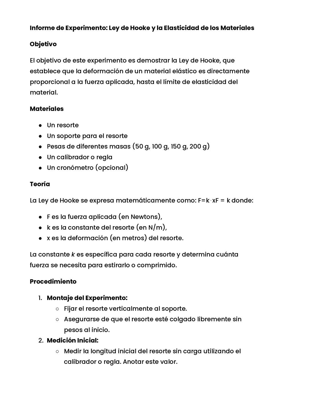 Informe de Experimento: Ley de Hooke y la Elasticidad de los Materiales