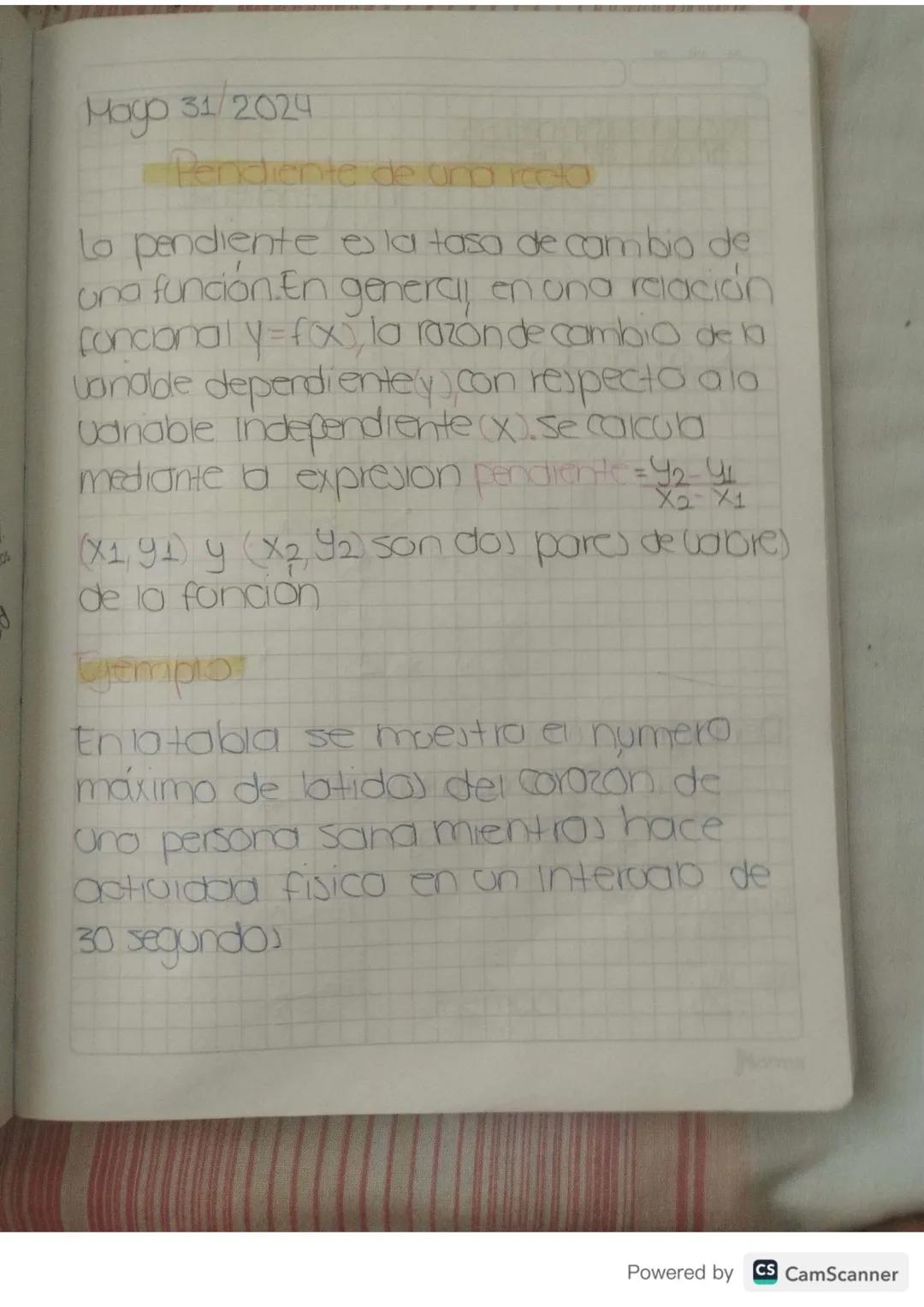 Mago 31/2024
Pendiente de una recto
Lo pendiente es la tasa de cambio de
una función.En general en ona relación
foncionaly=fox), la razón de