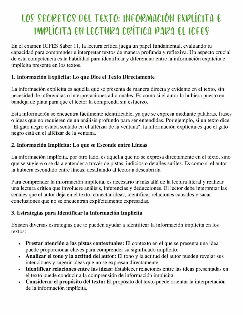 LOS SECRETOS DEL TEXTO: INFORMACIÓN EXPLÍCITA €
IMPLÍCITA EN LECTURA CRÍTICA PARA EL ICFES
En el examen ICFES Saber 11, la lectura crítica j
