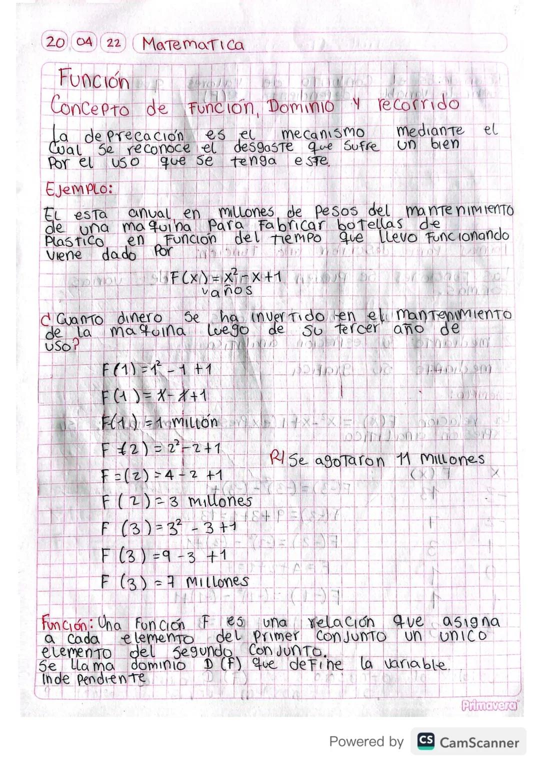 # 20 04 22 Matematica

# Función

## Concepto de Función, Dominio y recorrido

La de precación es el mecanismo mediante el
Cual se reconoce 