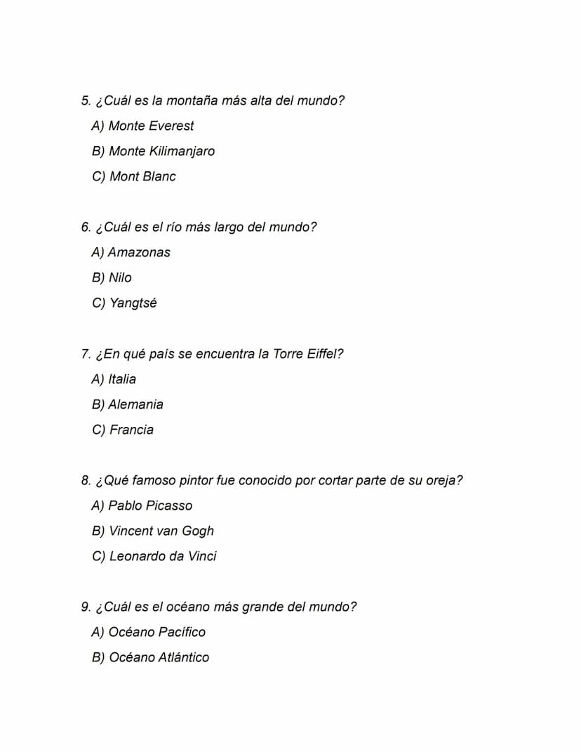 Examen de Cultura General
1. ¿En qué año comenzó la Primera Guerra Mundial?
A) 1914
B) 1917
C) 1919
2. ¿Cuál es la capital de Australia?
A) 