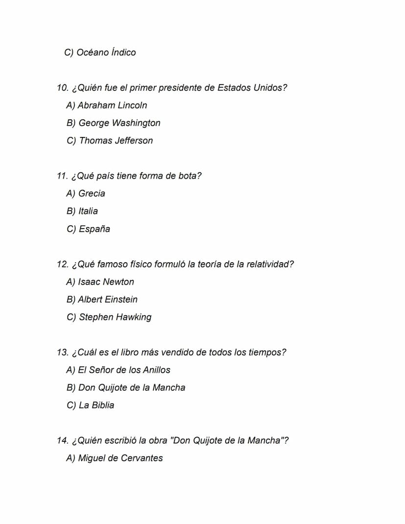 Examen de Cultura General
1. ¿En qué año comenzó la Primera Guerra Mundial?
A) 1914
B) 1917
C) 1919
2. ¿Cuál es la capital de Australia?
A) 