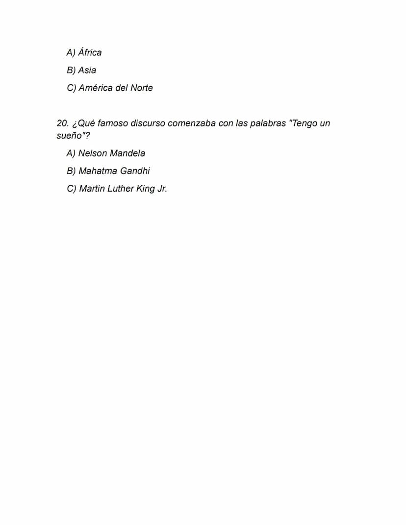 Examen de Cultura General
1. ¿En qué año comenzó la Primera Guerra Mundial?
A) 1914
B) 1917
C) 1919
2. ¿Cuál es la capital de Australia?
A) 