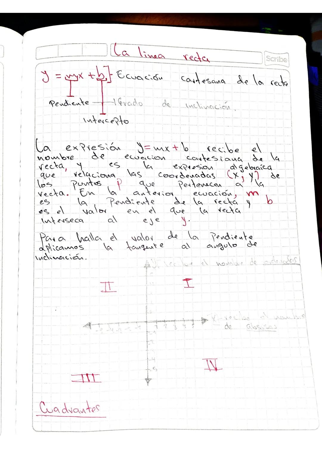 La linea recta

y = myx+b] Ecuación cartesana de la recta
Pendiente
1 Grado
Intercepto
de inclinación.
La expresión y=mx+b recibe el
nombre 