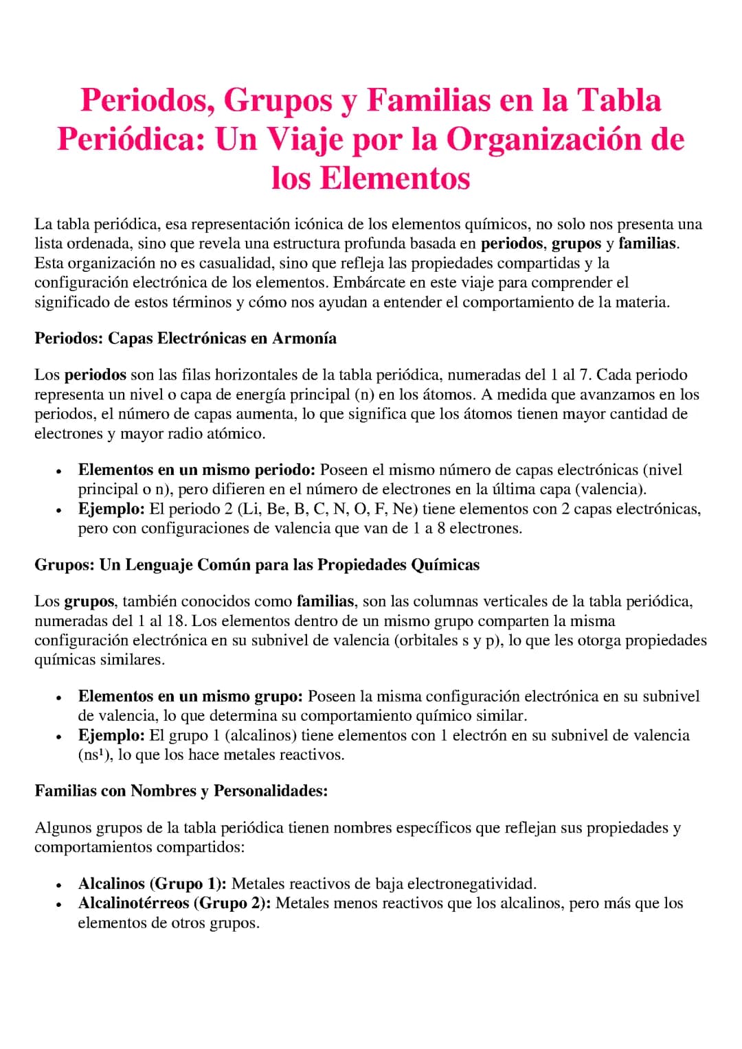 Periodos, Grupos y Familias en la Tabla  Periódica