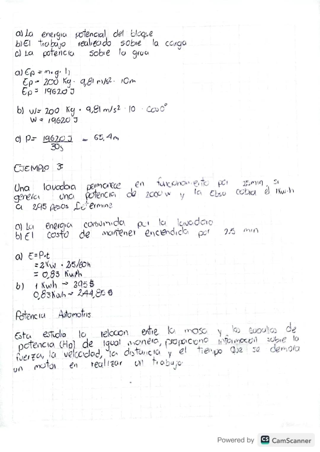Potencia
La potencia (P) es la razon entre el trabajo desarrollada
determinado tempo.
P= wit J/S = w
EJEMPLO:
bloque
2 motores desarrollan e