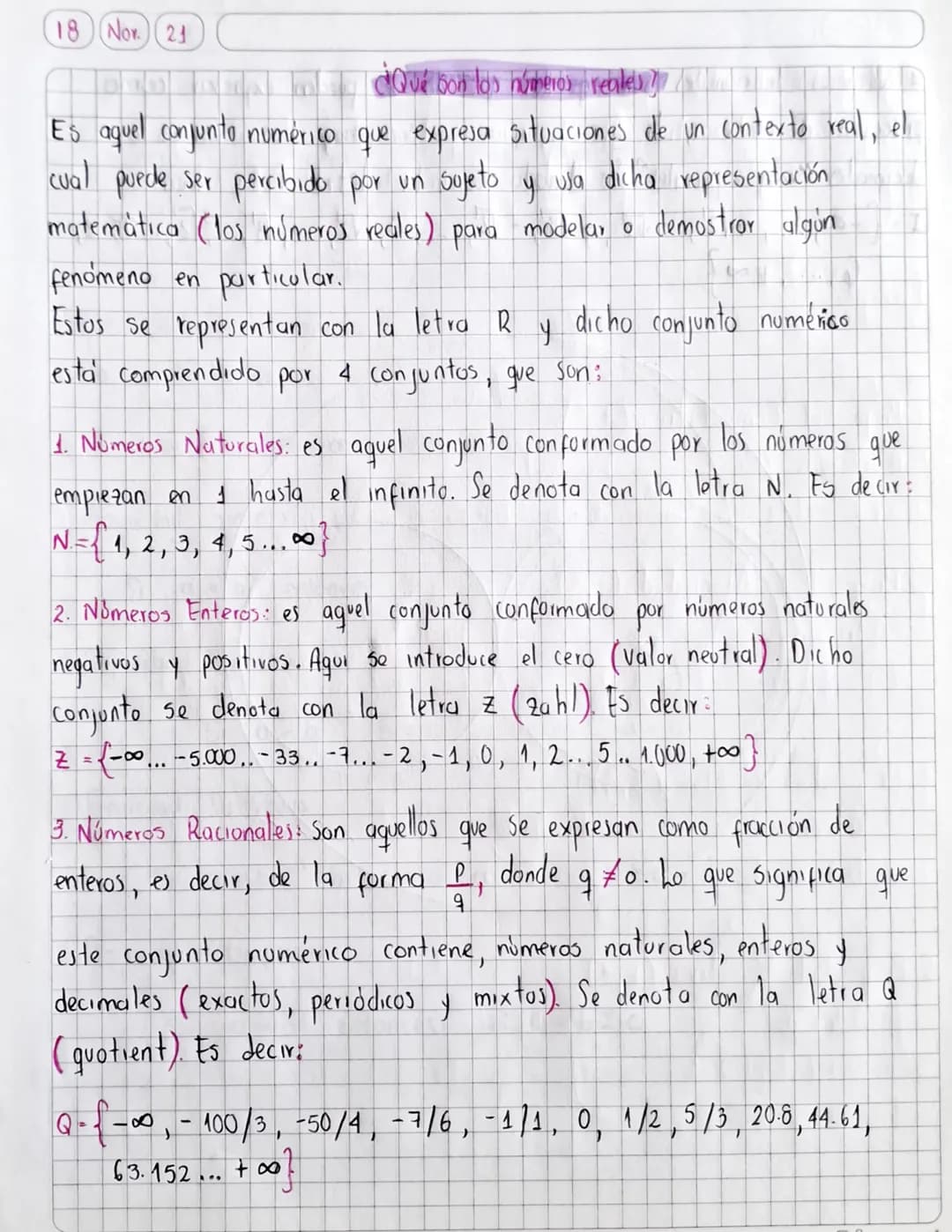 18 Nov.) (21
¿Qué bon los números reales?
Es aquel conjunto numérico que expresa situaciones de un contexto real, el
cual puede ser percibid