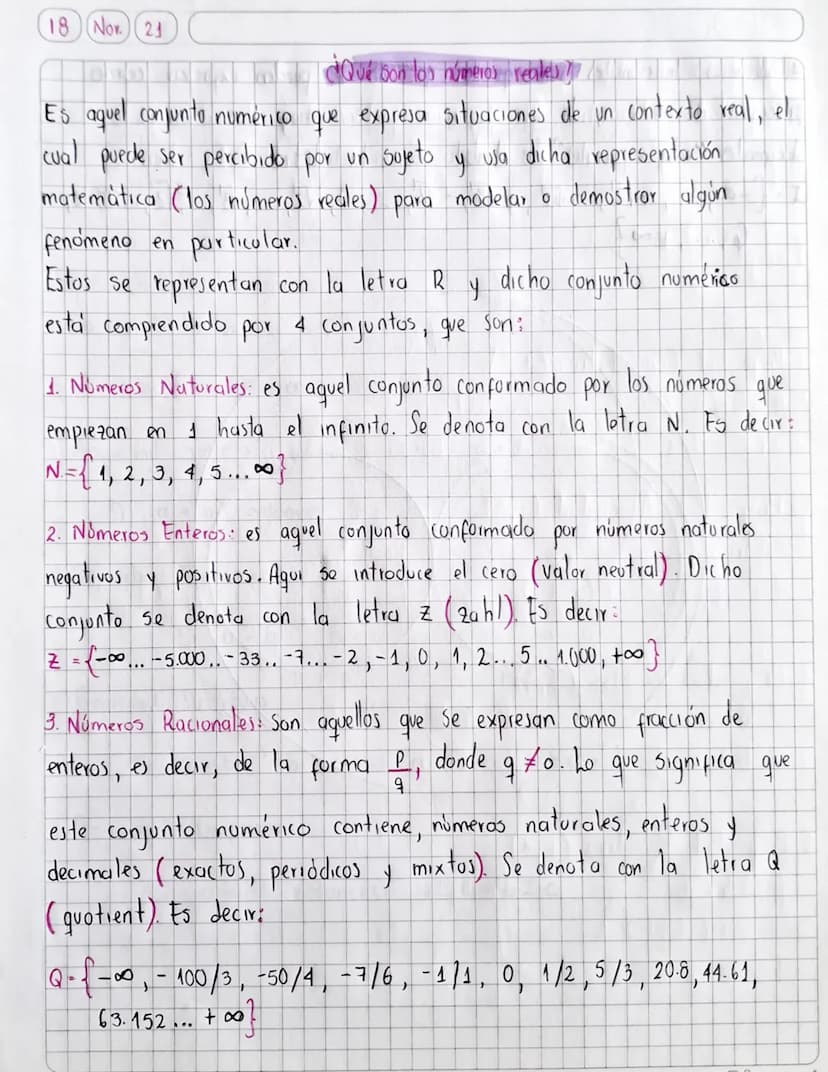18 Nov.) (21
¿Qué bon los números reales?
Es aquel conjunto numérico que expresa situaciones de un contexto real, el
cual puede ser percibid