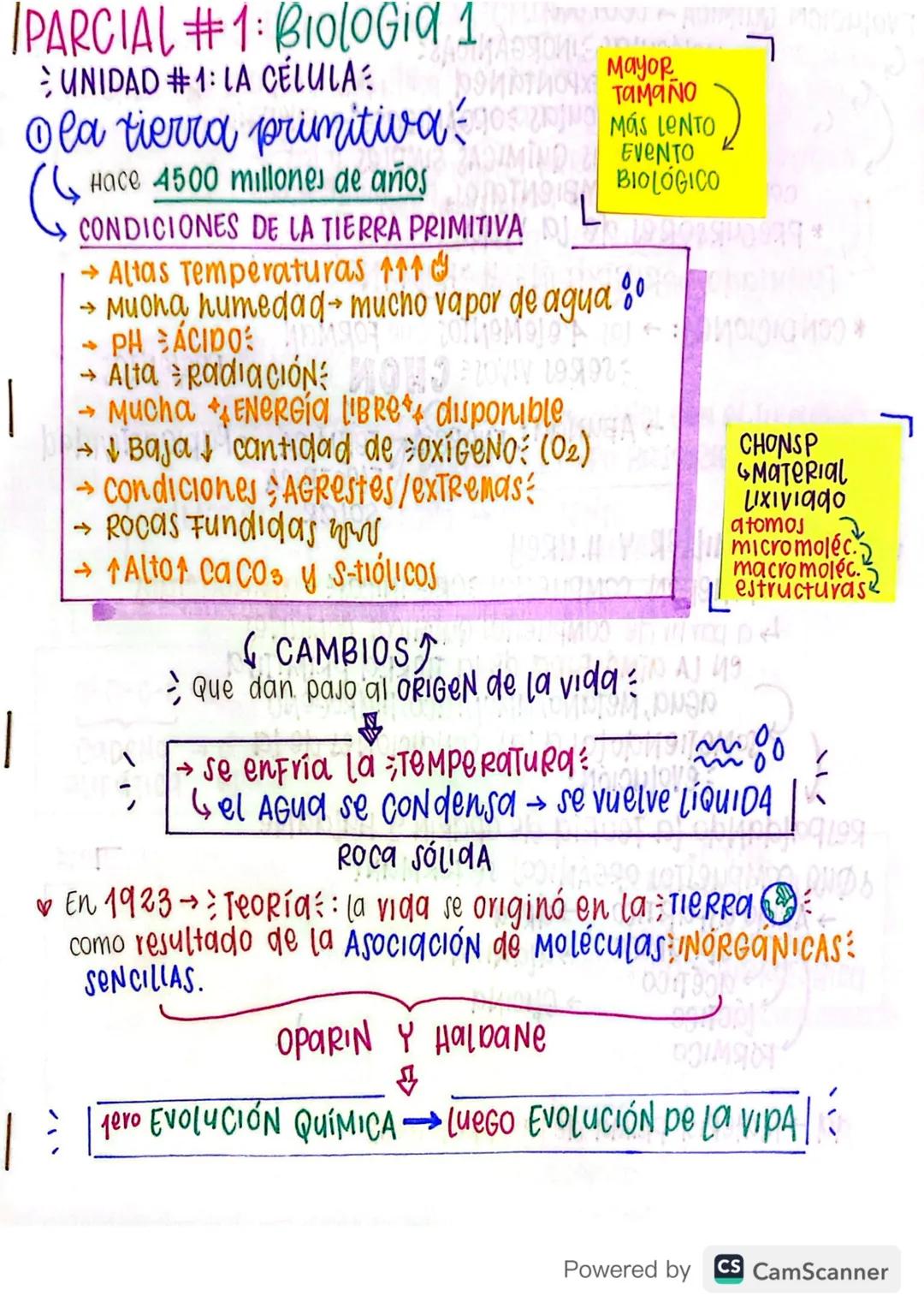 | 
IPARCIAL #1: Biologia 1
UNIDAD #1: LA CÉLULA:
Ola tierra primitiva
(Hace 4500 millones de años
CONDICIONES DE LA TIERRA PRIMITIVA D
→ Alt