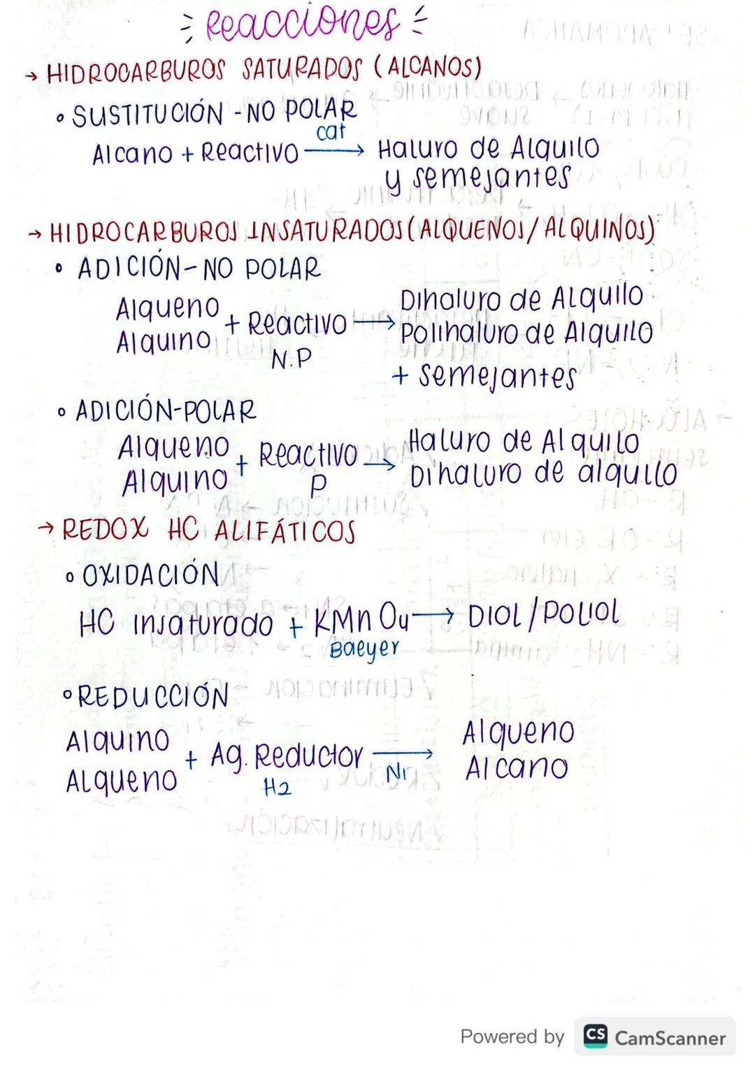 # reacciones

→ HIDROCARBUROS SATURADOS (ALCANOS)

• SUSTITUCIÓN -NO POLAR

$Alcano + Reactivo \xrightarrow{cat} Haluro \text{ de Alquilo} $