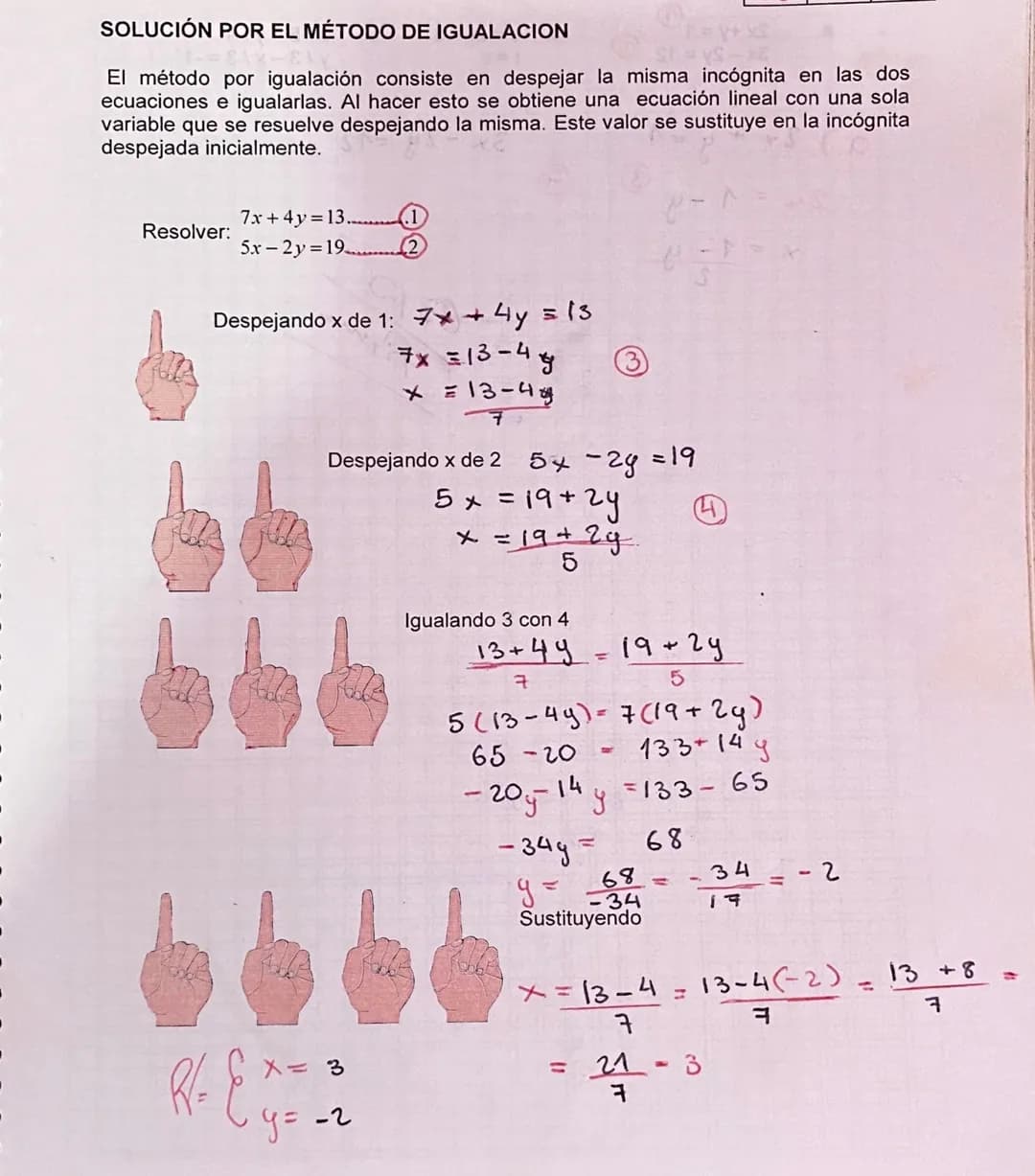 SOLUCIÓN POR EL MÉTODO DE IGUALACION
El método por igualación consiste en despejar la misma incógnita en las dos
ecuaciones e igualarlas. Al