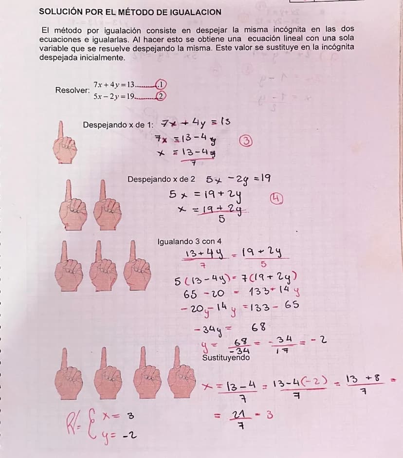 SOLUCIÓN POR EL MÉTODO DE IGUALACION
El método por igualación consiste en despejar la misma incógnita en las dos
ecuaciones e igualarlas. Al
