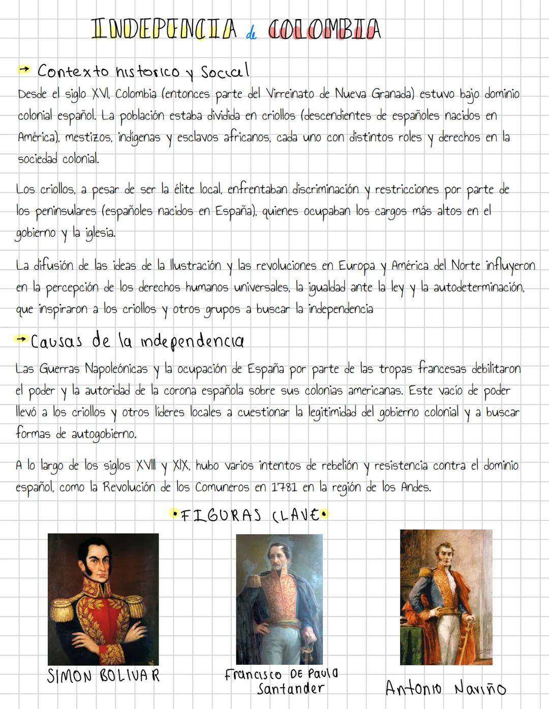 INDEPENCIA de COLOMBIA
→ Contexto historico.
Υ
Social
Desde el siglo XVI, Colombia (entonces parte del Virreinato de Nueva Granada) estuvo b