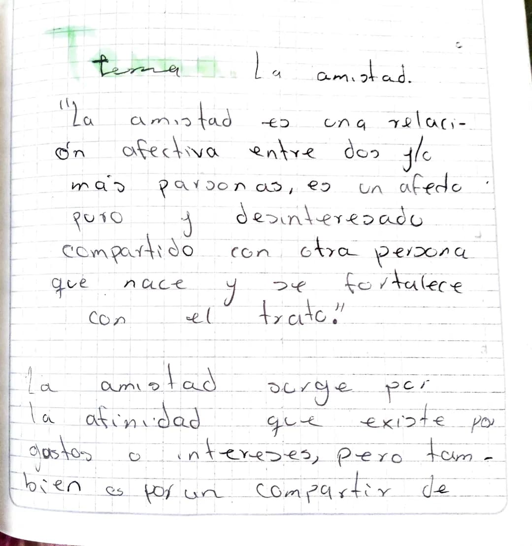 Tema
"La amistad
on
mas
La am.
amistad.
€0
una relaci-
afectiva entre dos y/o
a
У
рото
compartido
que
Con
parson as, es
un afedo
desinteresa