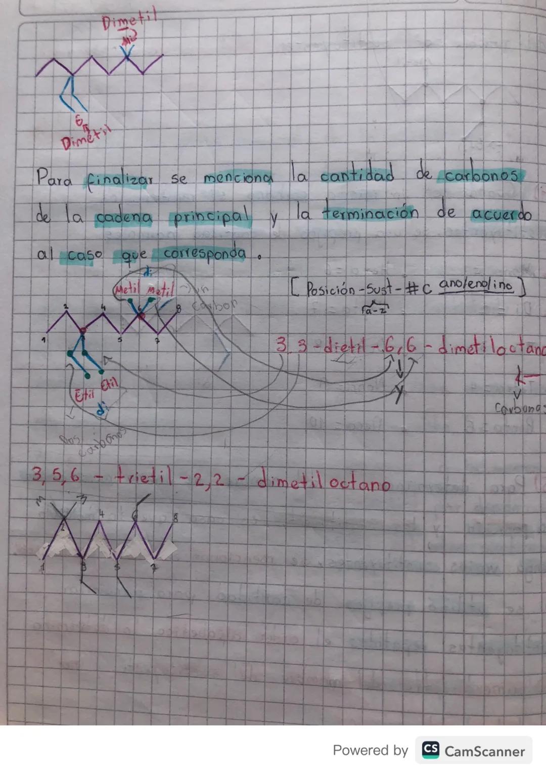 23
# Nomendatura para moléculas.
ramificadas

1) Se elige la cadena principal de la estructura, será
aquella que contenga más carbonos, o se