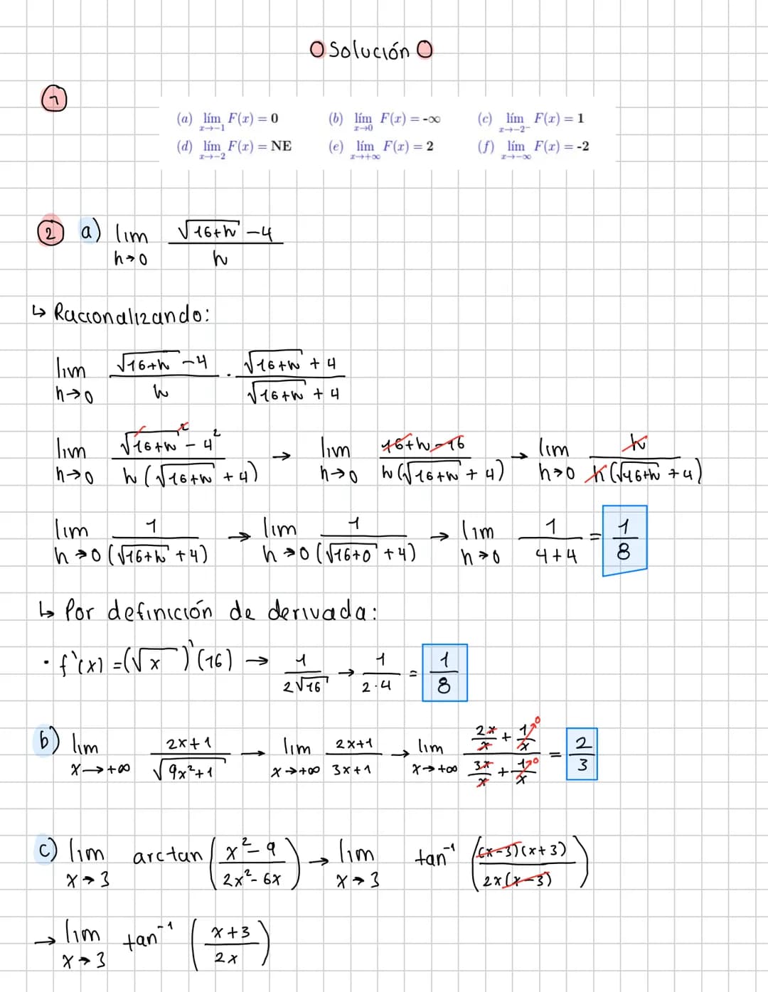 4
salucian limites y derivadas
Determine el valor de los siguientes límites, o escriba -∞, +∞ o NE según corresponda:
(a) lím F(x)=0
1-x
(d)