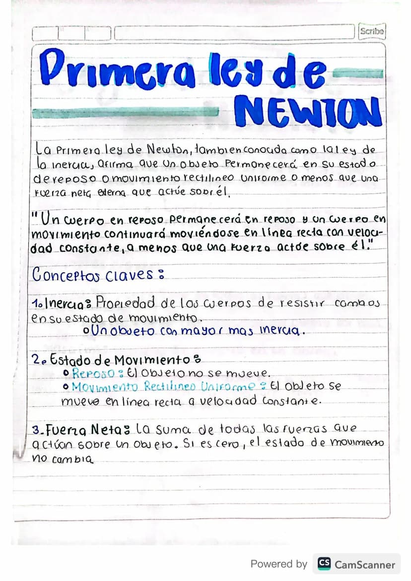 Primera ley de
Scribe
NEWTON
La Primera ley de Newton, tambien conouda como laley de
la inercia, afirma que un objeto Permanecerá en su esta