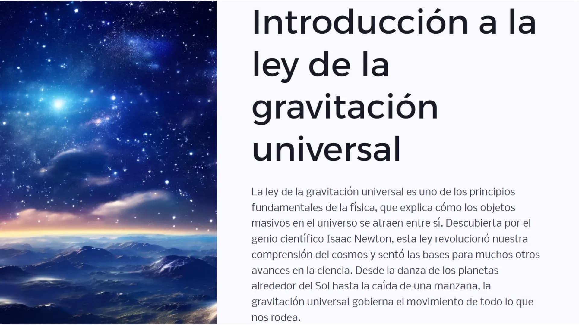 Introducción a la
ley de la
gravitación
universal
La ley de la gravitación universal es uno de los principios
fundamentales de la física, qu