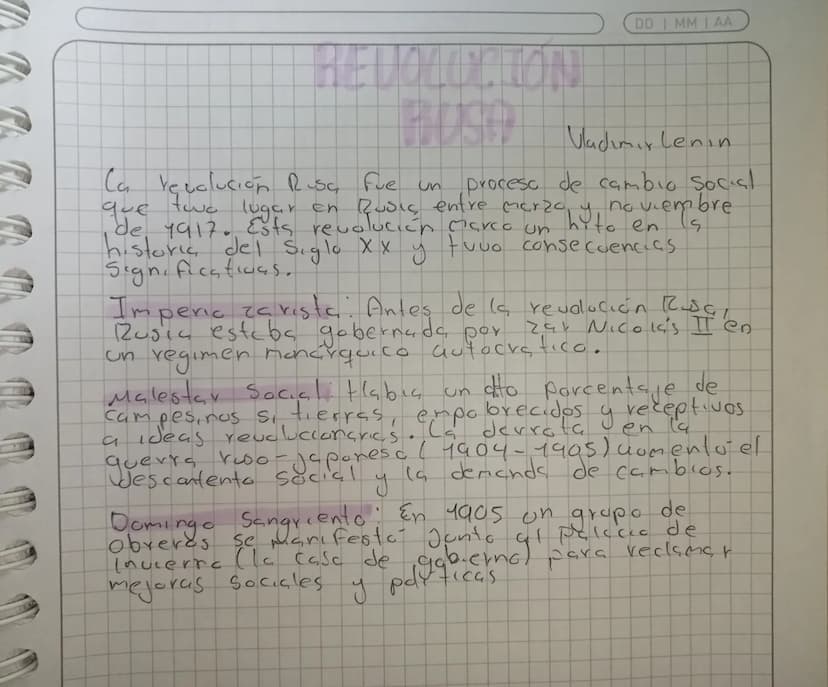 que
реном
BUSO
DD | MM | AA
Vladimir Lenin
novembre
(5)
La revolución Rusa fue un proceso de cambio social
lugar en Rusic entre marzo, y
de 