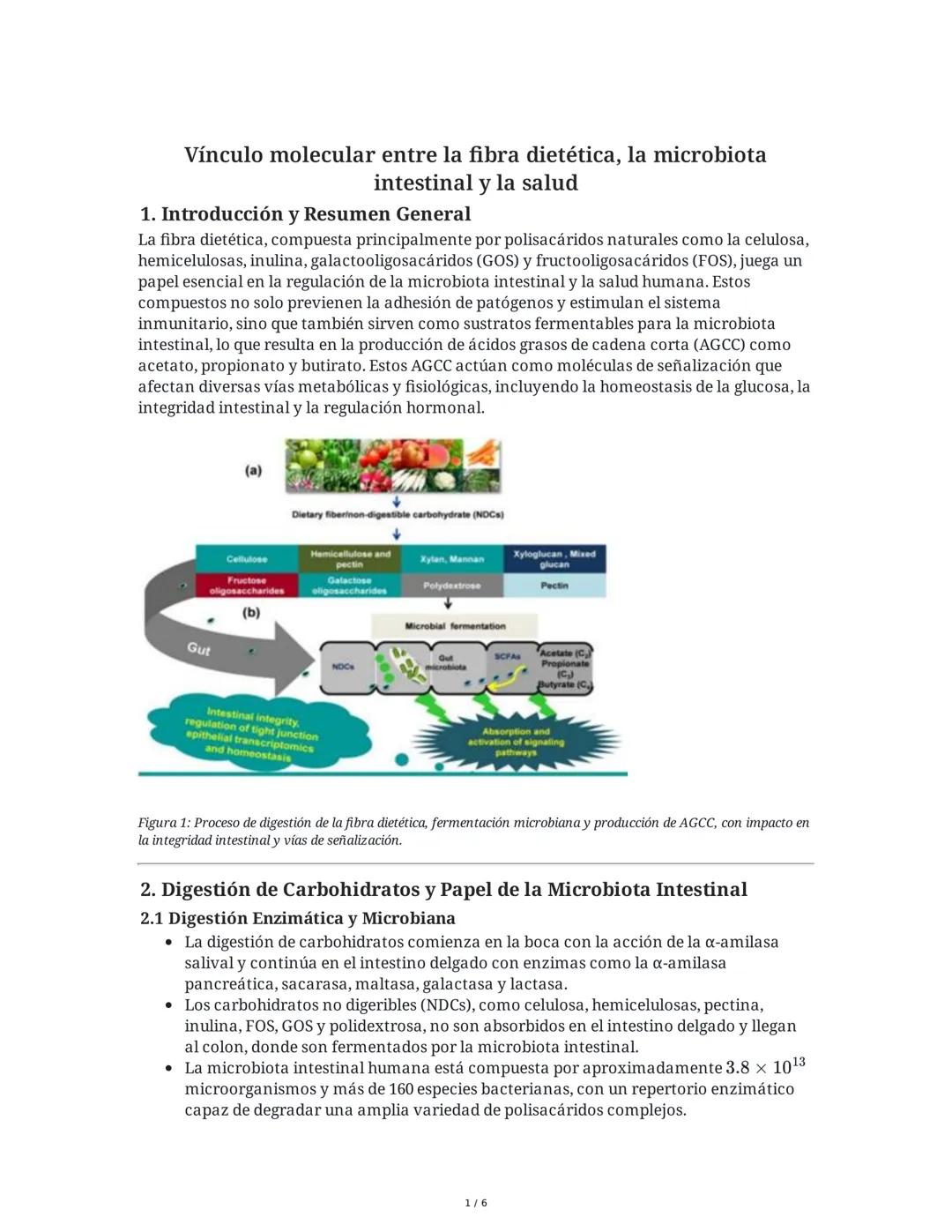 Vínculo molecular entre la fibra dietética, la microbiota
intestinal y la salud
1. Introducción y Resumen General
La fibra dietética, compue