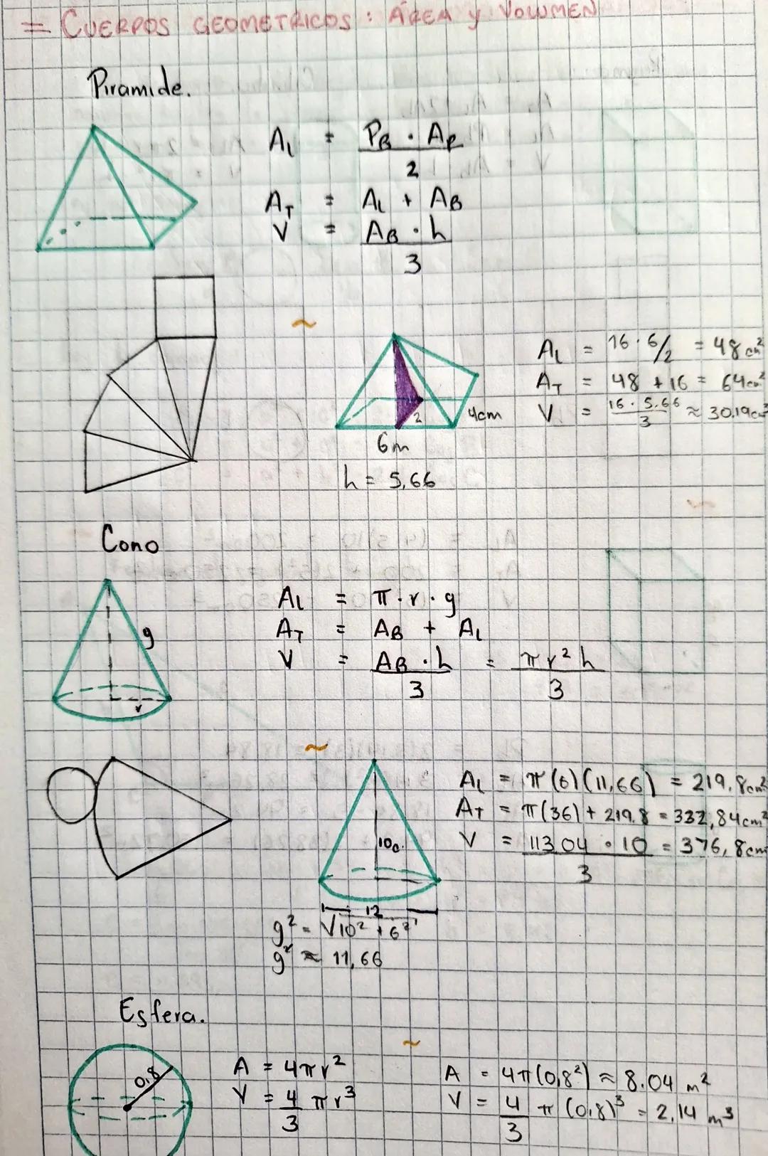 CUERPOS GEOMETRICOS: AREA Y VOWMEN
Piramide.
A₁
+
AT =
V
H
PA
PB. Ap
2
A AB
Ash
3
Cono
A
AL
AT
V
Esfera.
0.8
=
=
=
6m
L= 5,66
4cm
AB AL
ABL
