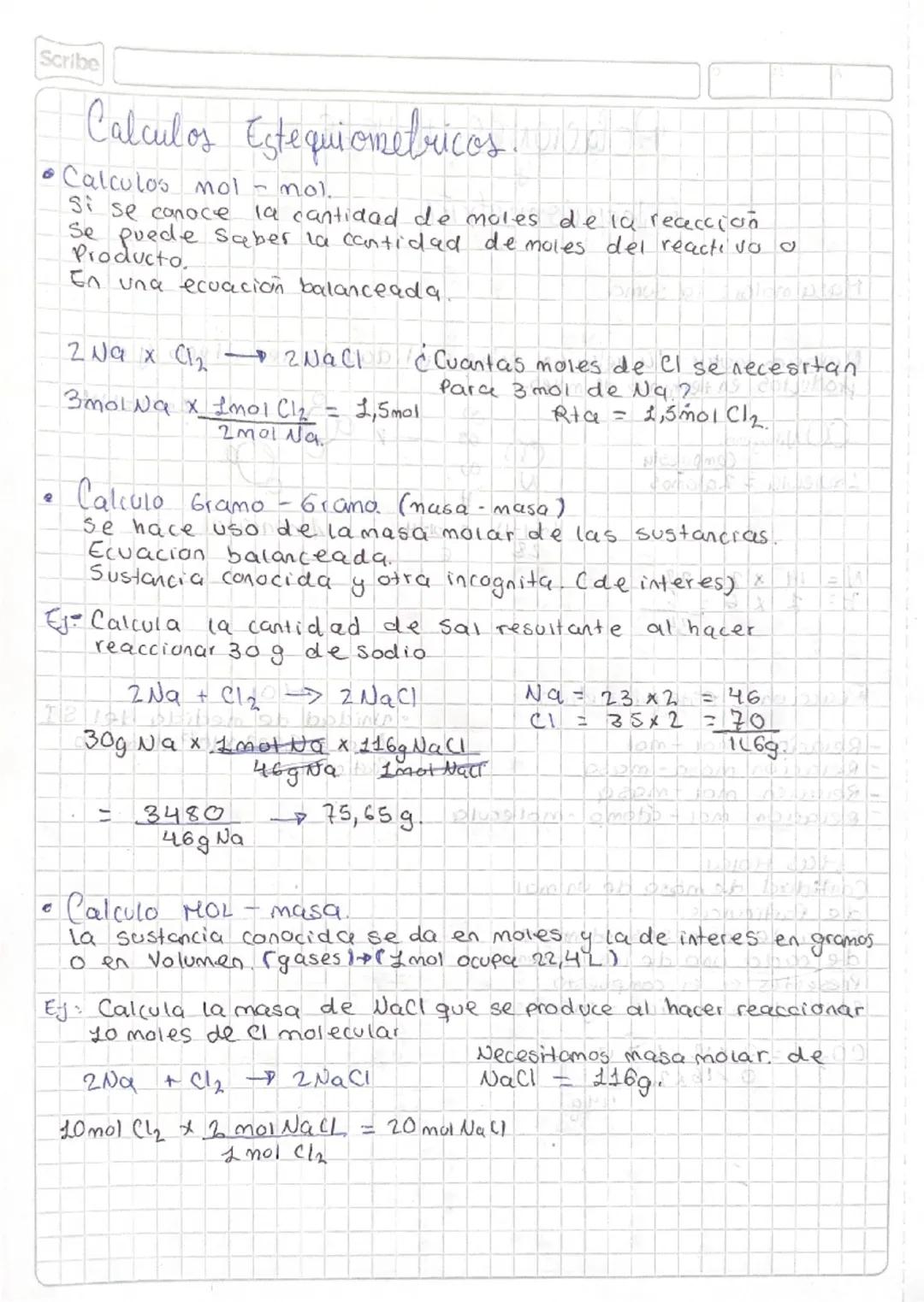Scribe
Calculos Estequiometricos
•Calculos mol - mol.
Si se conoce
la cantidad de moles de la reaccion
Se puede saber la cantidad de moles d