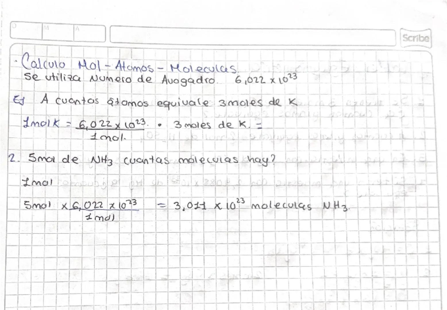 Scribe
Calculos Estequiometricos
•Calculos mol - mol.
Si se conoce
la cantidad de moles de la reaccion
Se puede saber la cantidad de moles d