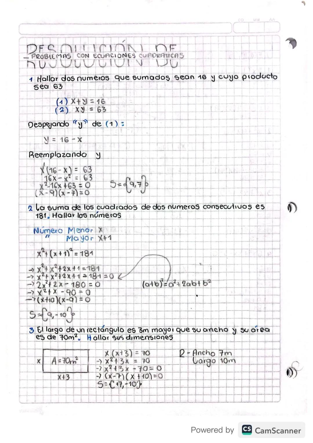 Resolución de problemas con la ecuaciones cuadraticas