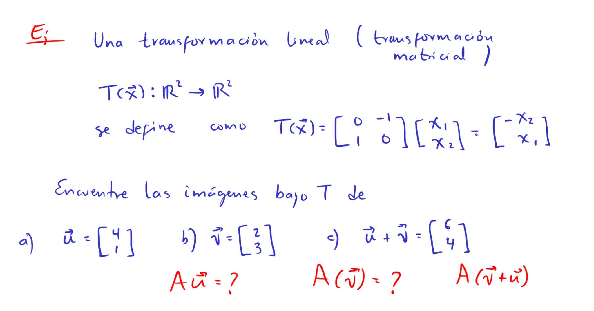 Introducción a
transformaciones lineales La ecuación $A\vec{x}=\vec{b}$

la matriz A se puede pensar
como un "objeto" que
modifica al vector