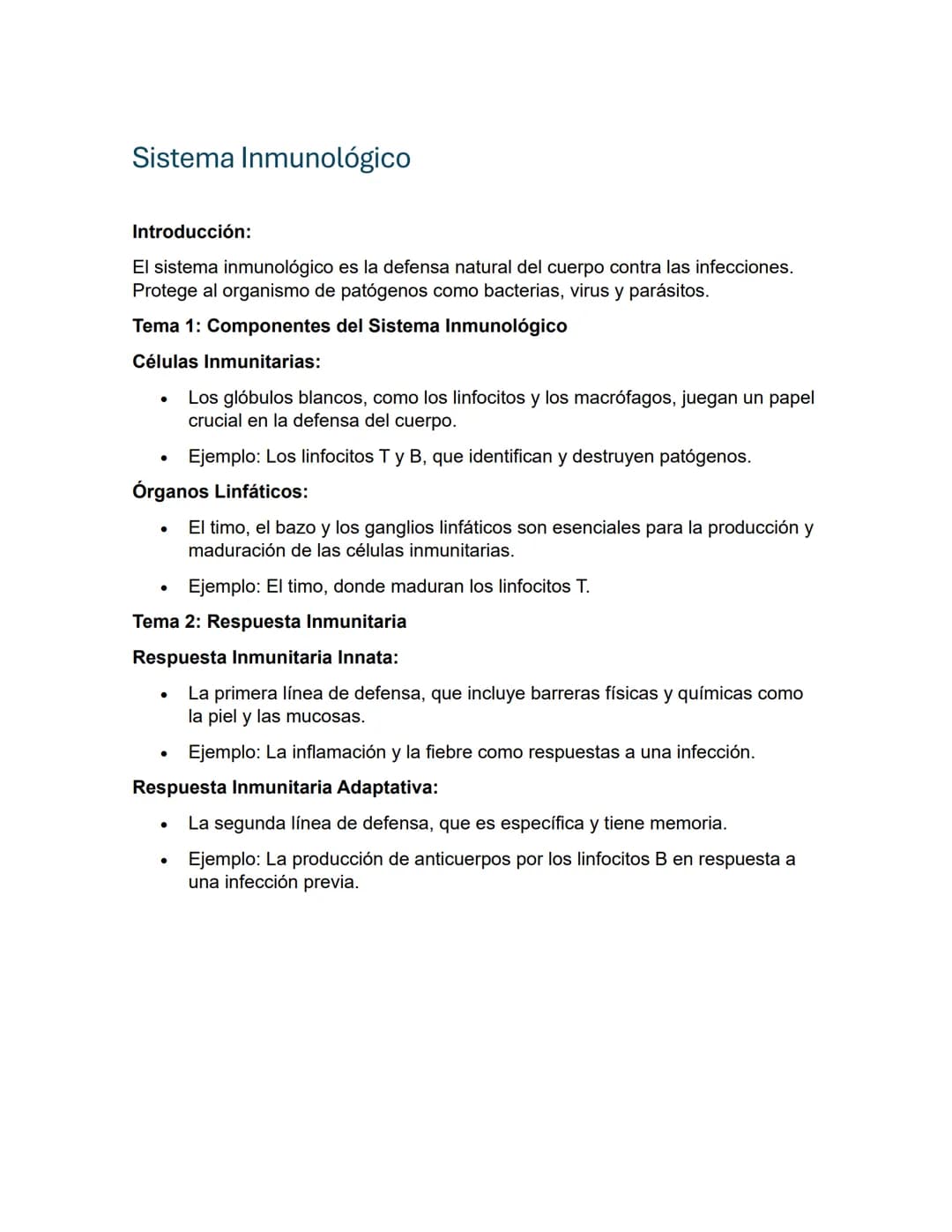 Sistema Inmunológico
Introducción:
El sistema inmunológico es la defensa natural del cuerpo contra las infecciones.
Protege al organismo de 