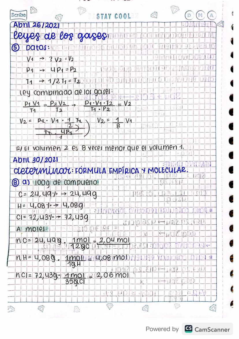 Scribe
Abril 26/2021
STAY COOL
leyes de los gases:
3 Datos:
V₁ → ? V2 = V2
P1 → UP₁ = P2
=
11 1/2 11 2NIT
ley combinada de los gases:
P1 V1 