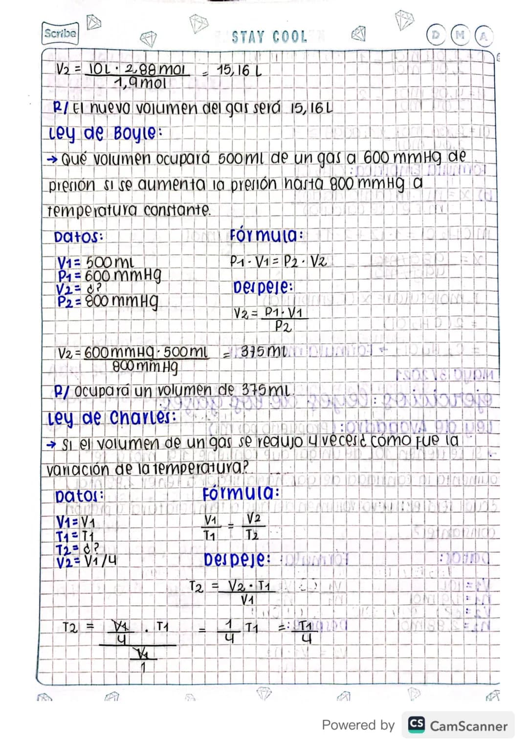 Scribe
Abril 26/2021
STAY COOL
leyes de los gases:
3 Datos:
V₁ → ? V2 = V2
P1 → UP₁ = P2
=
11 1/2 11 2NIT
ley combinada de los gases:
P1 V1 