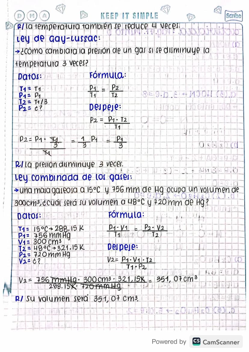 Scribe
Abril 26/2021
STAY COOL
leyes de los gases:
3 Datos:
V₁ → ? V2 = V2
P1 → UP₁ = P2
=
11 1/2 11 2NIT
ley combinada de los gases:
P1 V1 