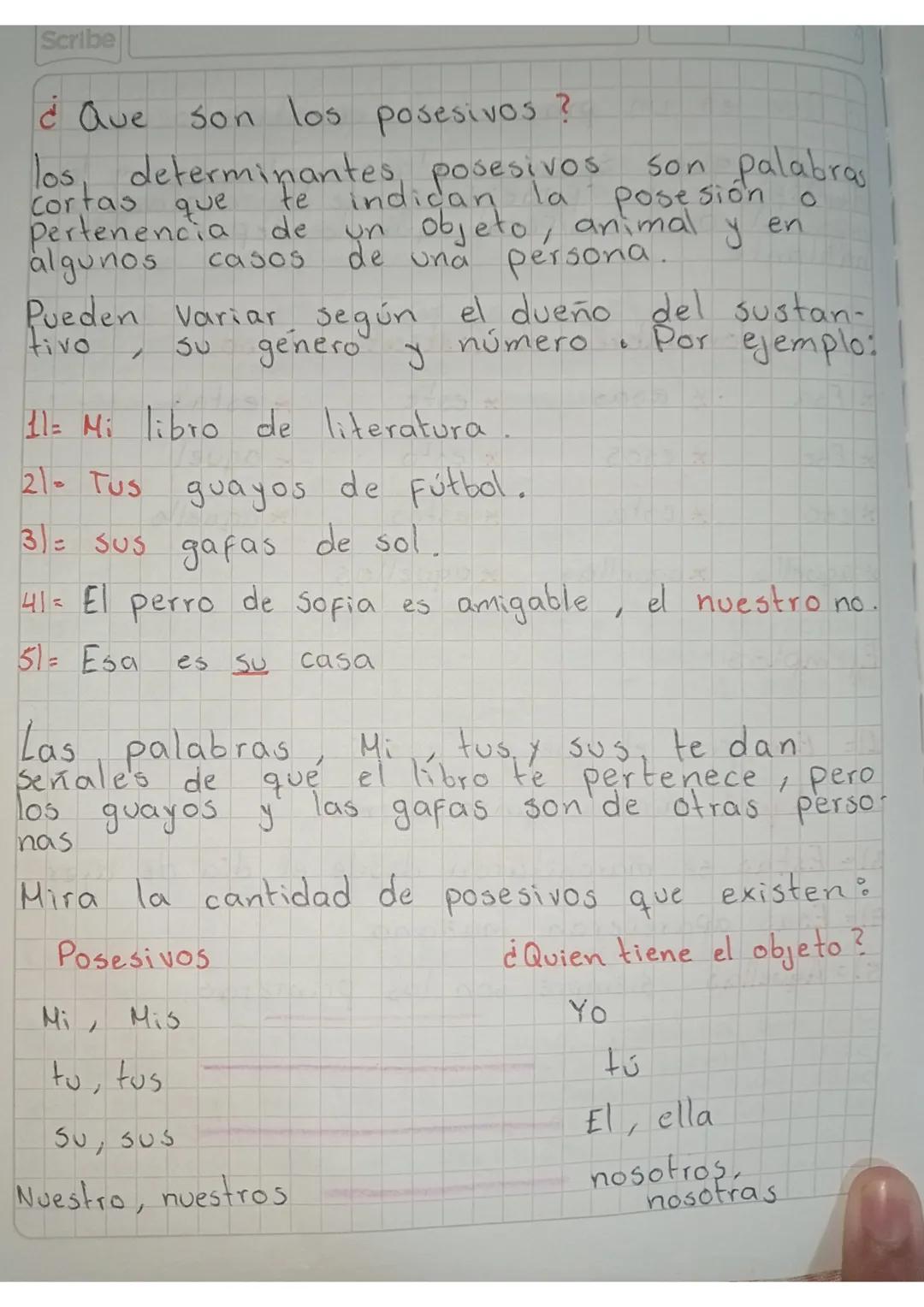 Scribe

¿Que son los posesivos?

los, determinantes posesivos son palabras
cortas que te indican la posesión o
pertenencia de un objeto, ani
