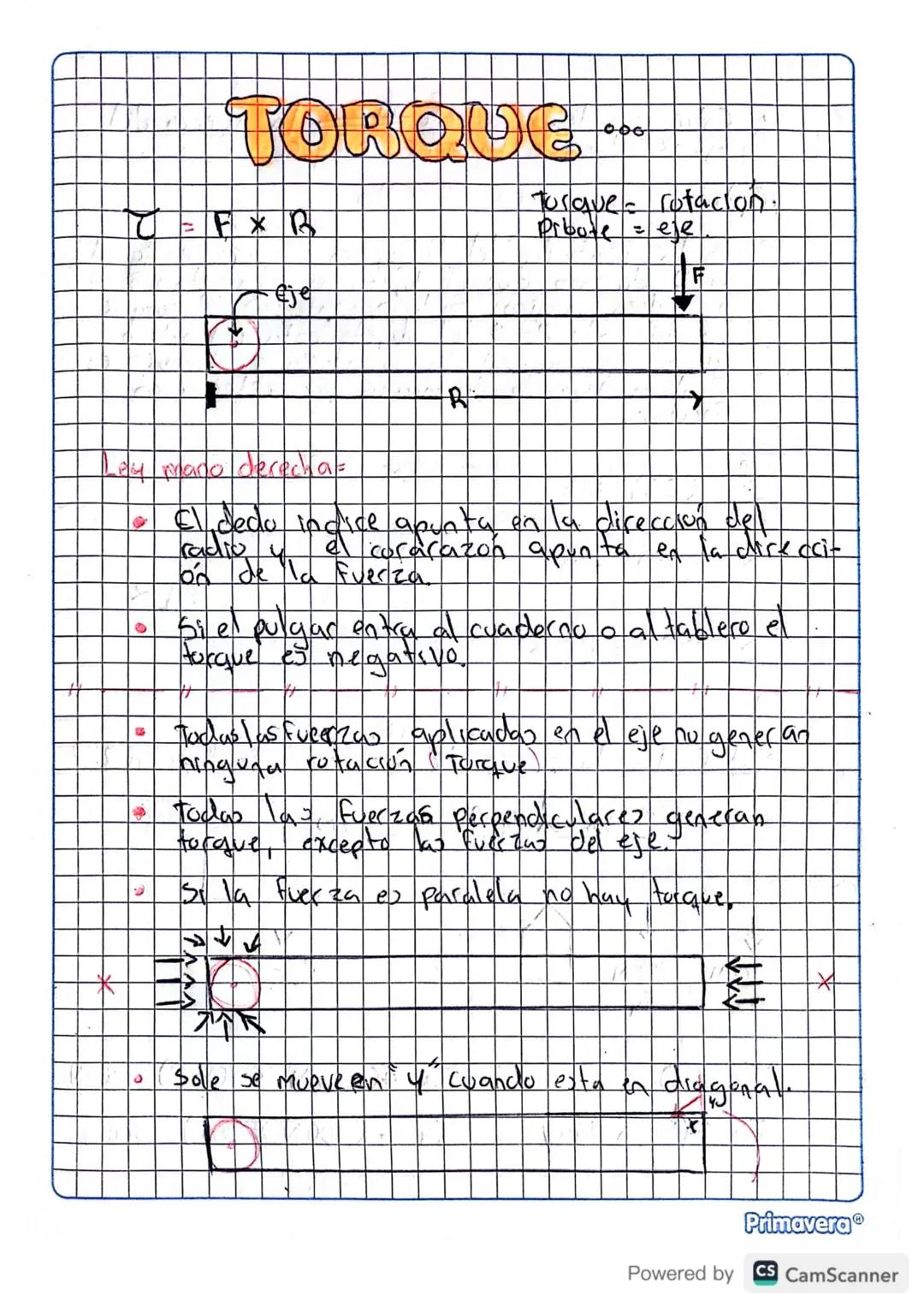 # TORQUE ***

$\tau = F \times R$

eje

Torque: rotación.
Prbote = eje

-24 mano derecha =

R

• El dedo indice apunta on la direccion del
r